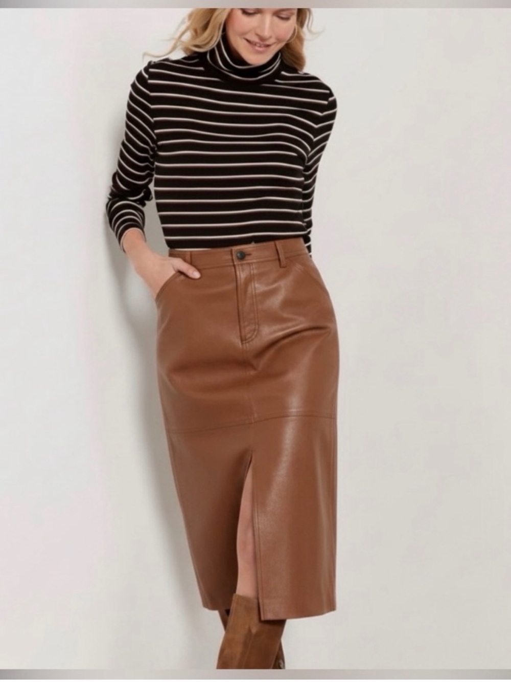 Sanctuary Cognac Brown Faux Leather Midi Skirt with Front Slit